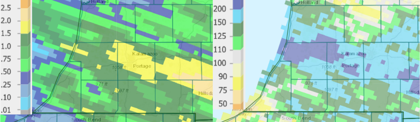 Precipitation totals from Monday night (left) and percent of normal for the past 14 days (right) as of June 16.